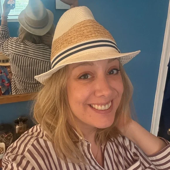 Striped Band Straw Fedora Hat - Cream & Tan - Picture 7 of 8